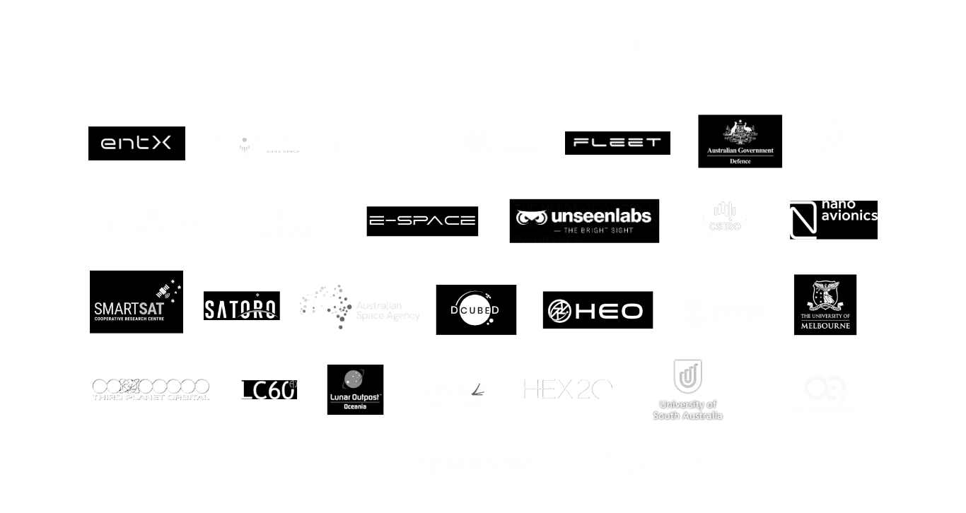 List of partners and customers of Infinity Avionics, including EntX, Australian Space Agency, HEO, DCubed, UNSW Canberra, Satoro, RMIT University and more