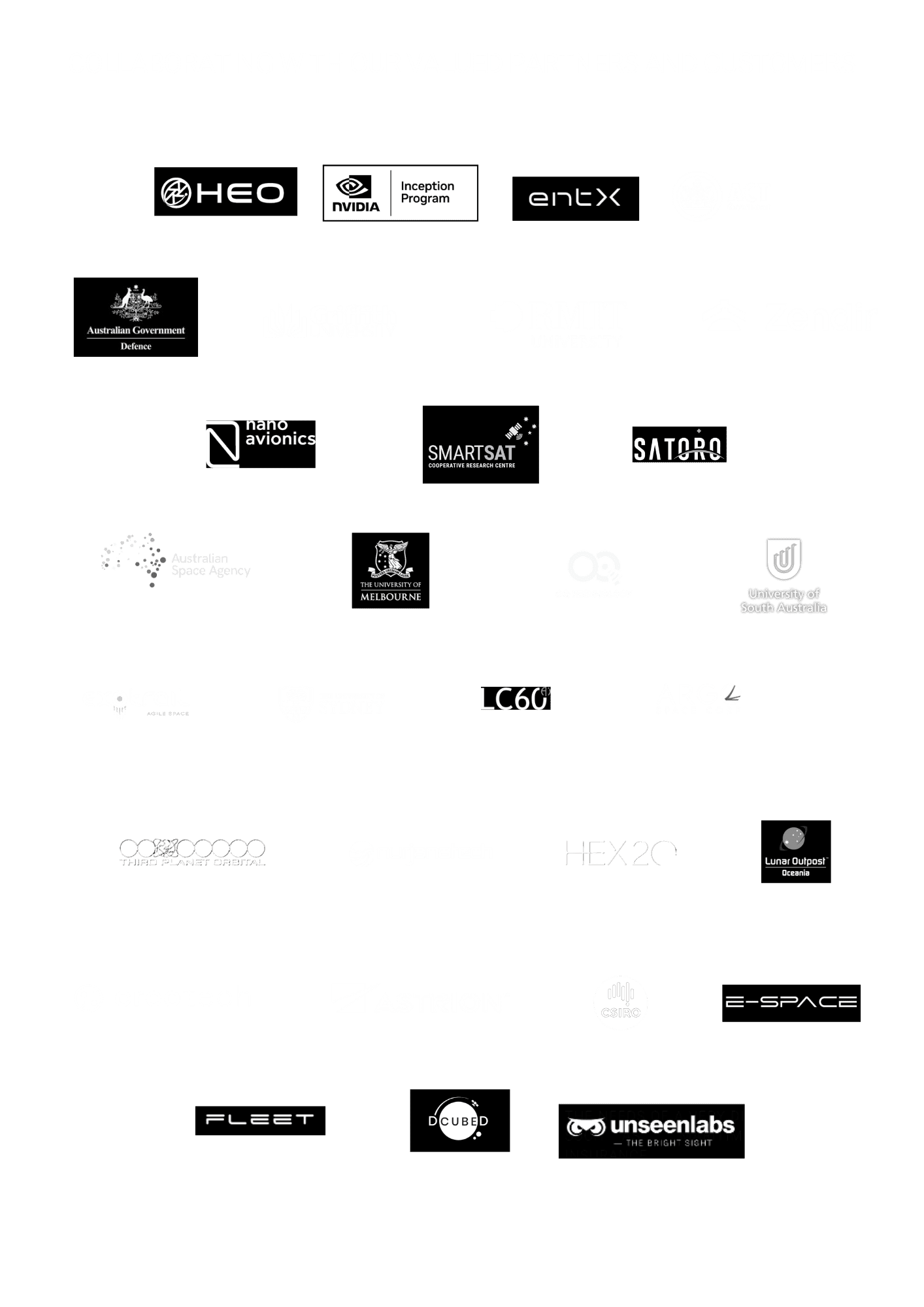 List of partners and customers of Infinity Avionics, including EntX, Australian Space Agency, HEO, DCubed, UNSW Canberra, Satoro, RMIT University and more mobile version