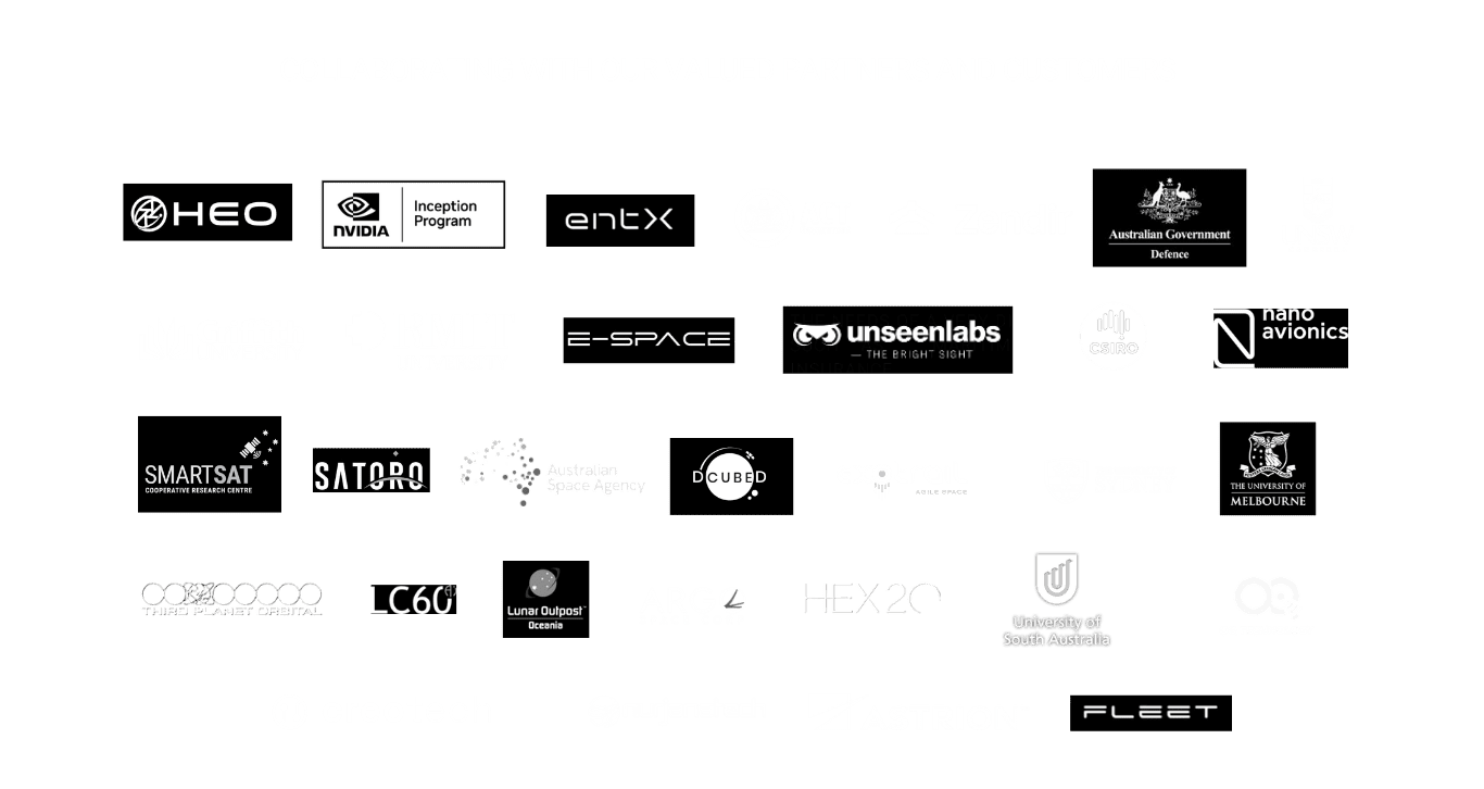 List of partners and customers of Infinity Avionics, including EntX, Australian Space Agency, HEO, Nvidia Inception Program, DCubed, UNSW Canberra, Satoro, RMIT University and more